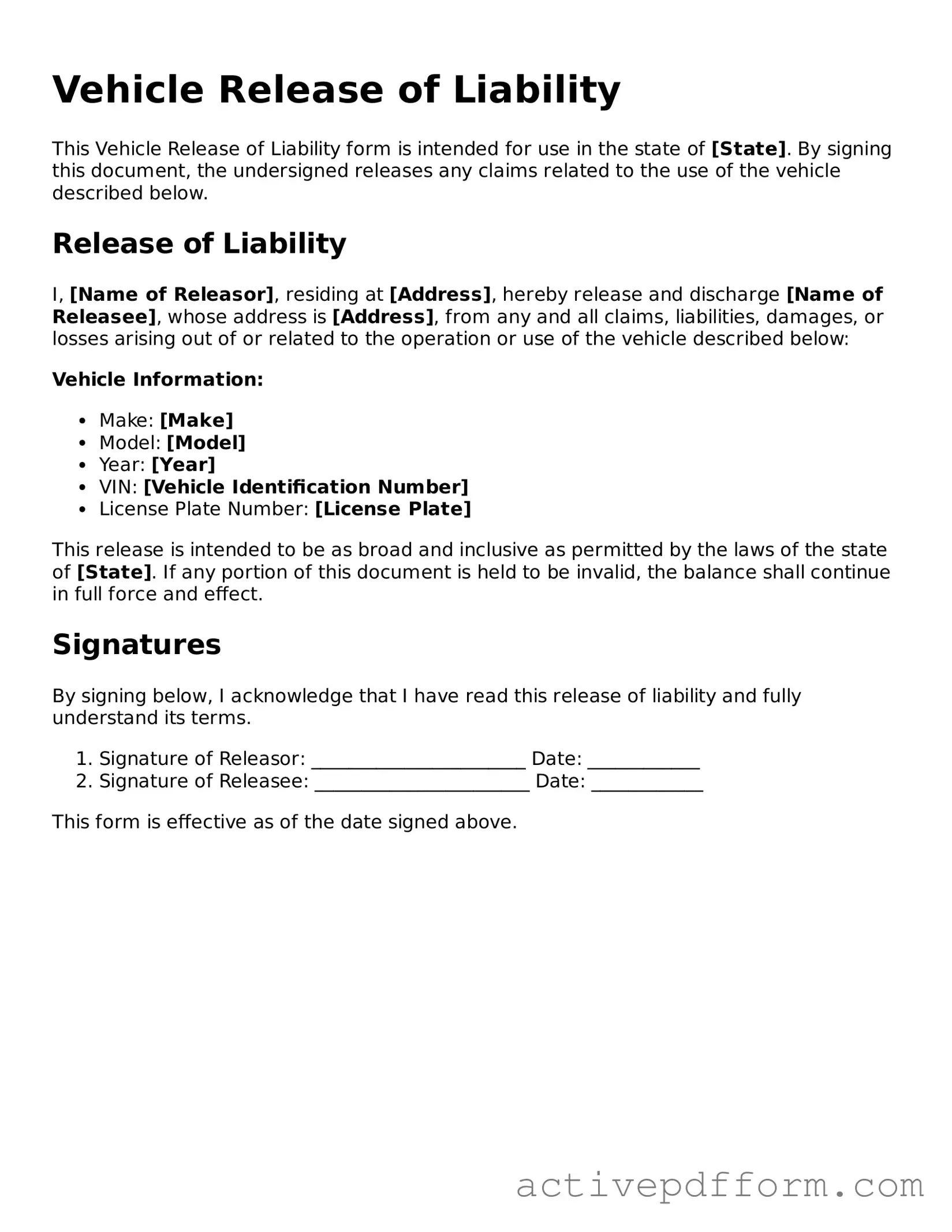 Blank Vehicle Release of Liability Document