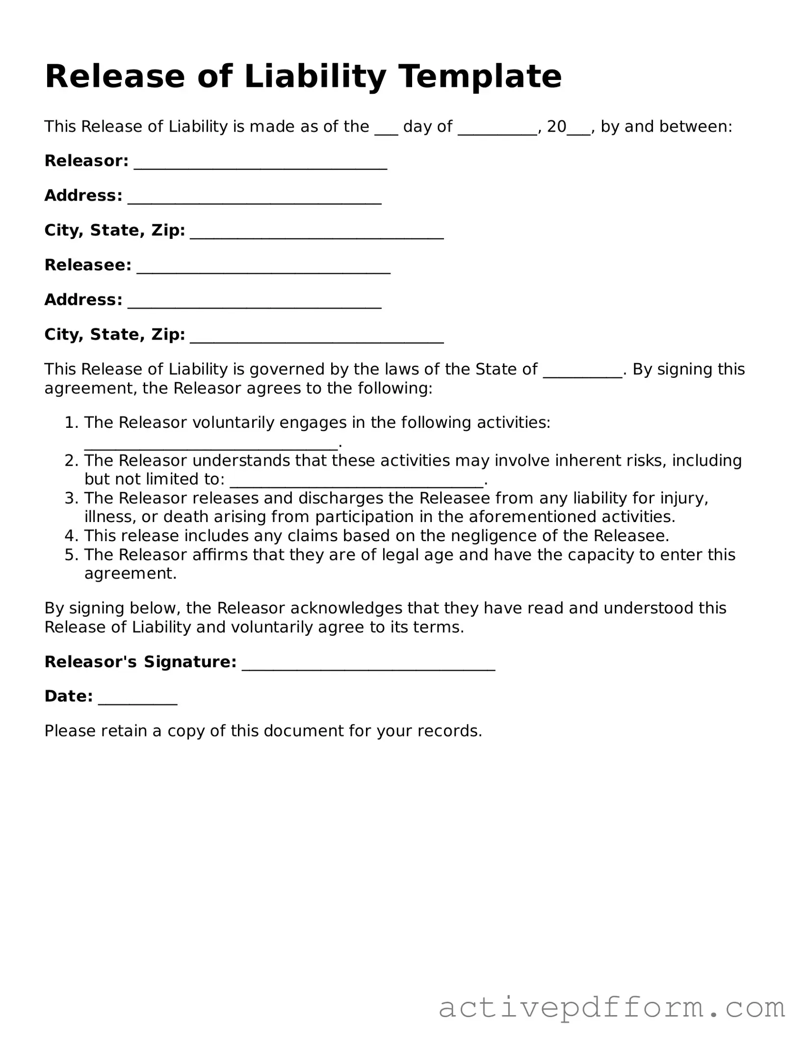 Blank Release of Liability Document