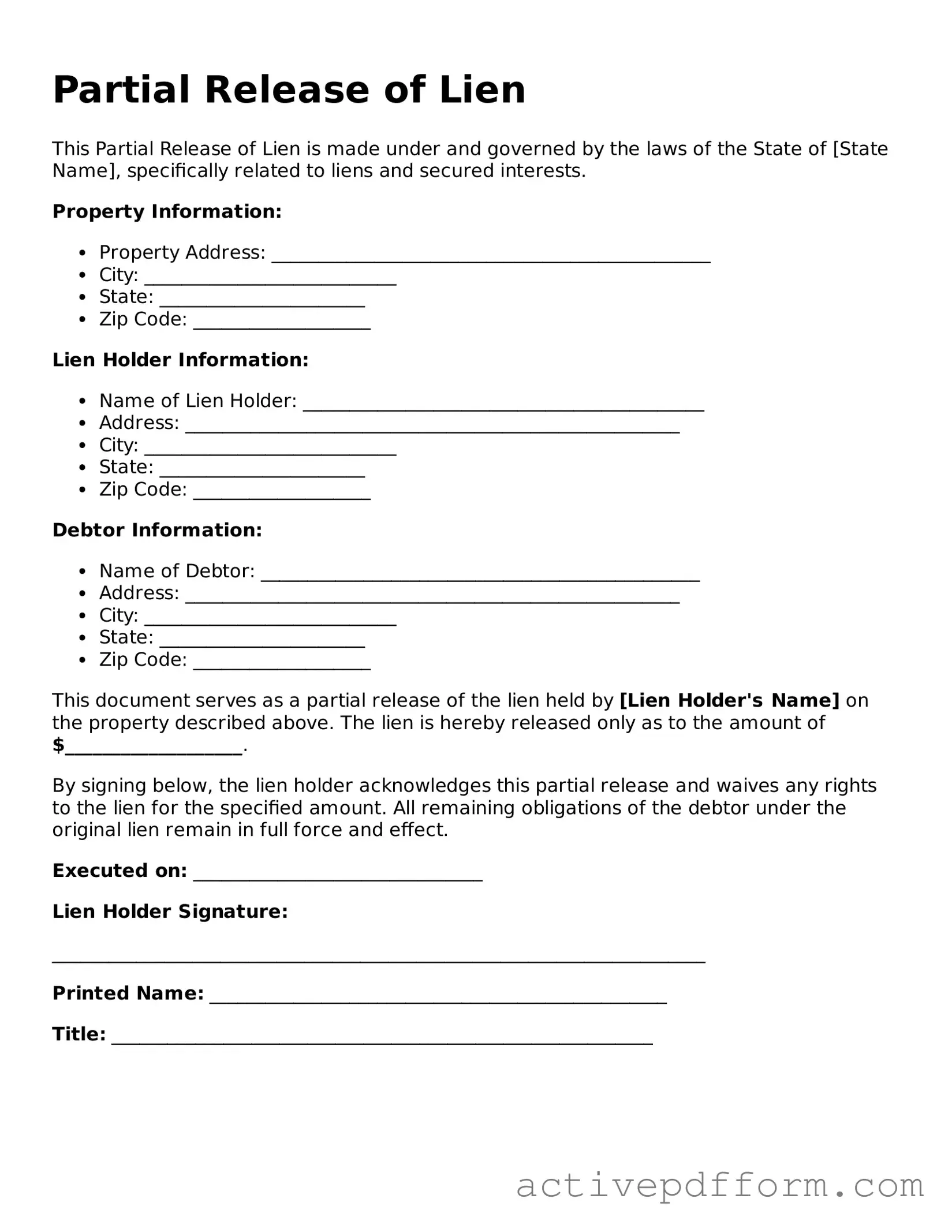 Blank Partial Release of Lien Document