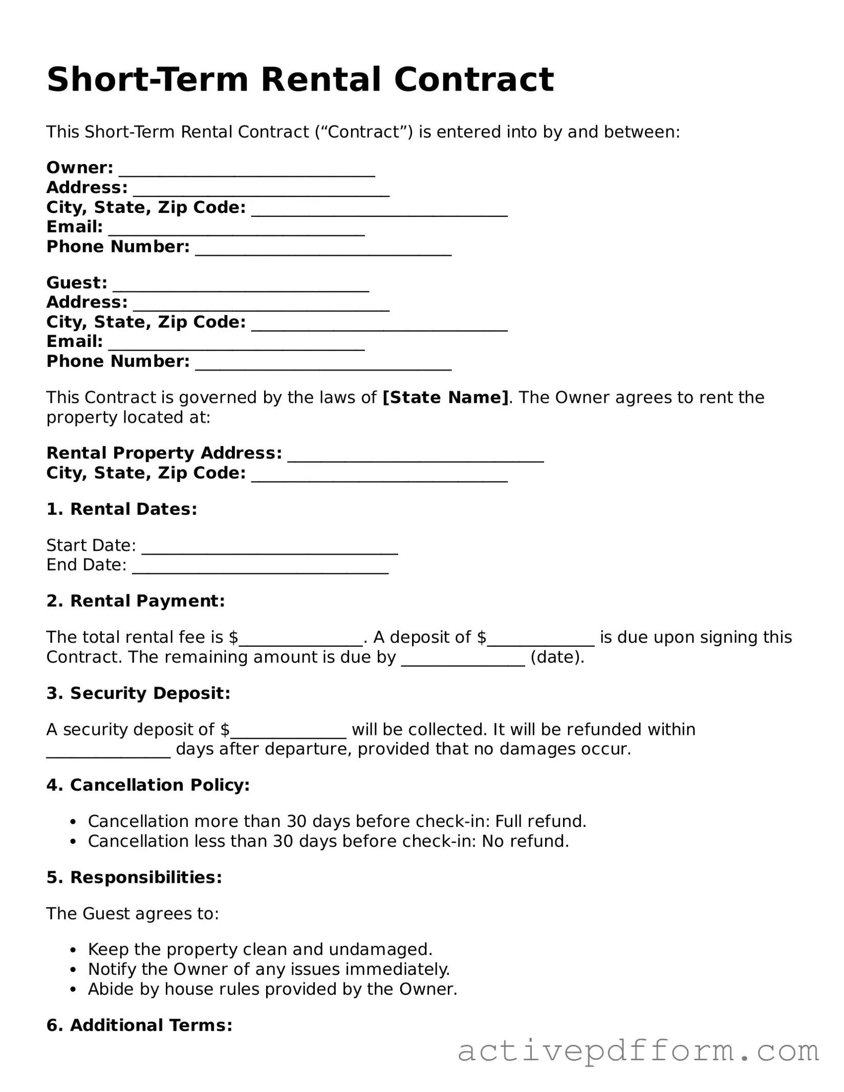 Blank Short-Term Rental Contract Document