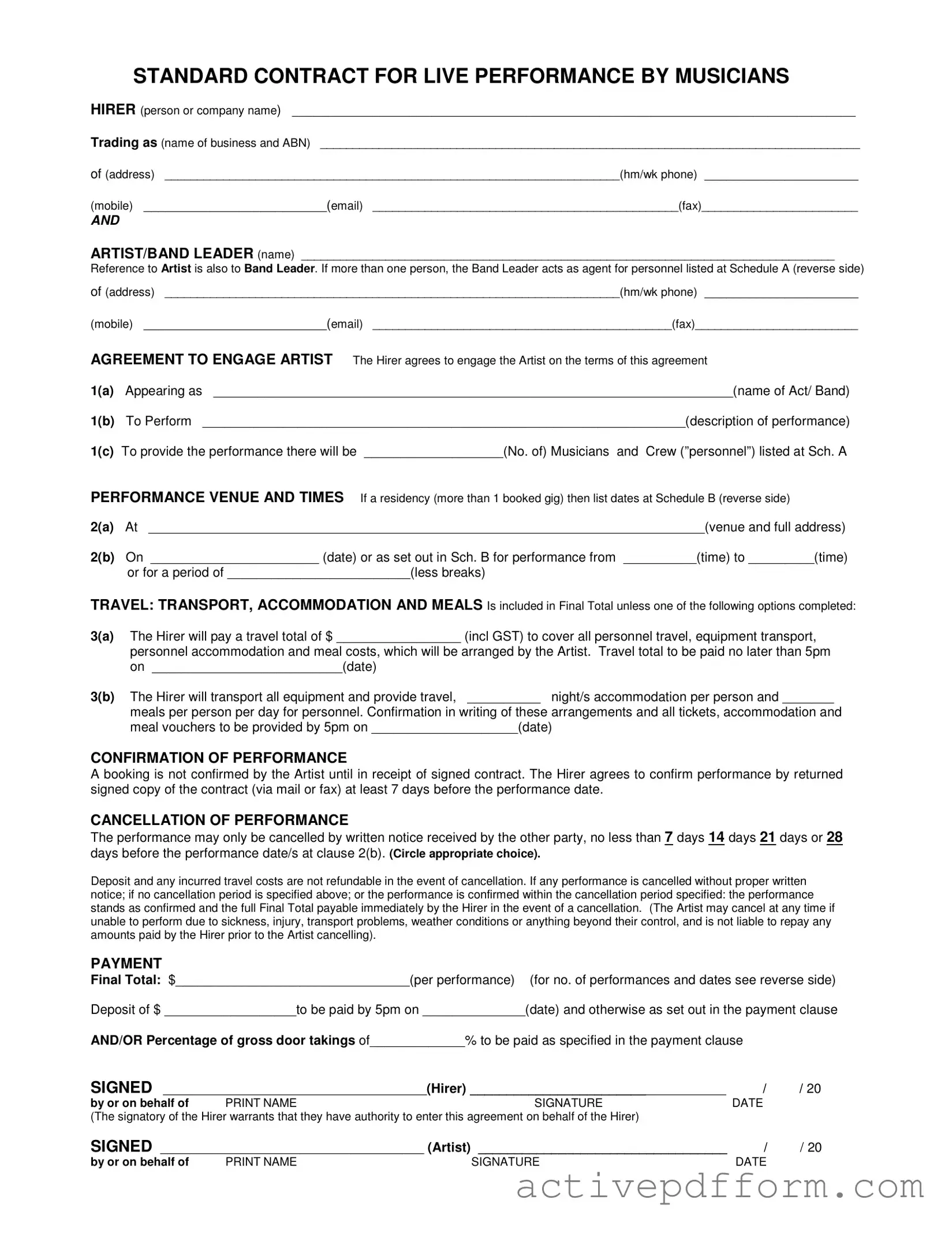 Free Live Performance Contract Template