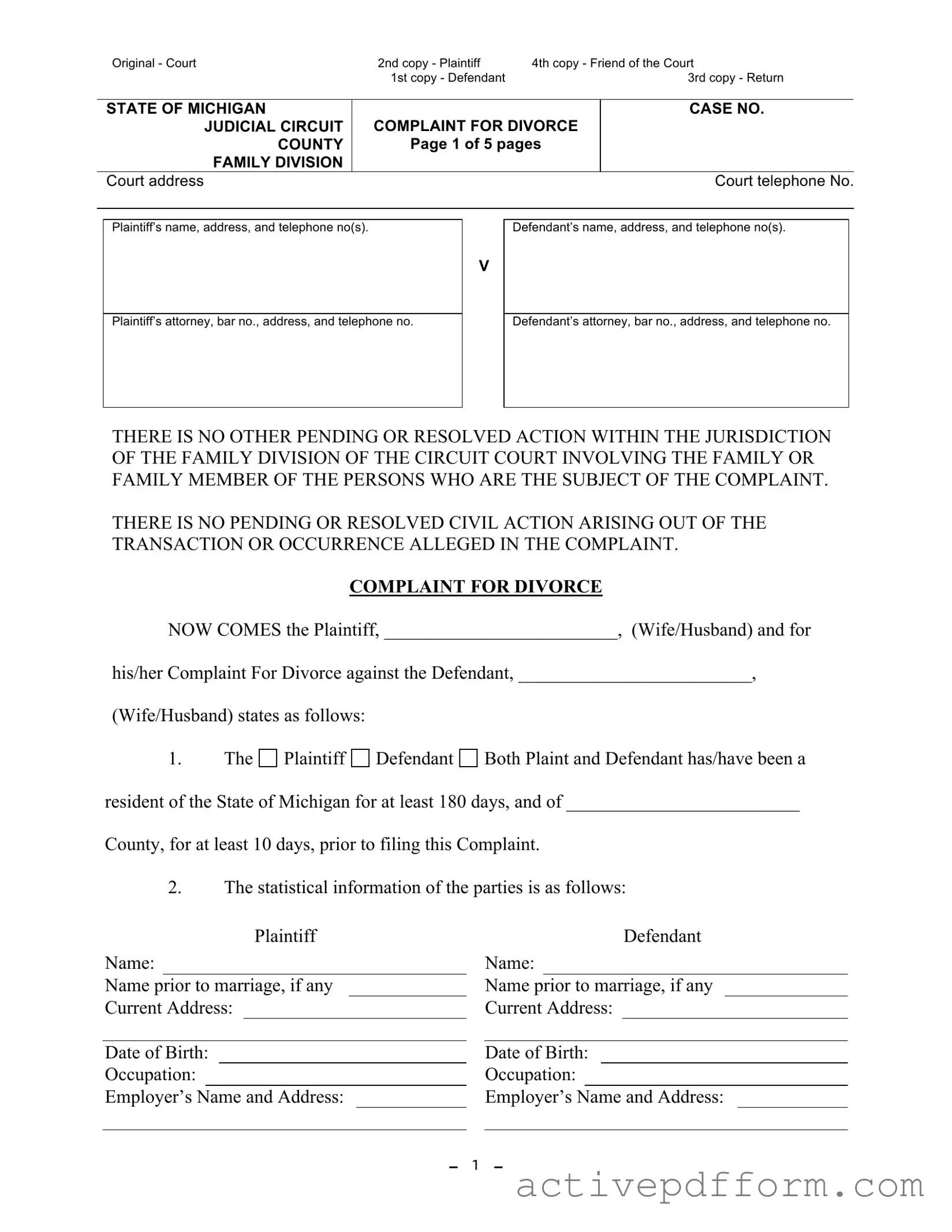 Free Michigan Complaint Divorce Template