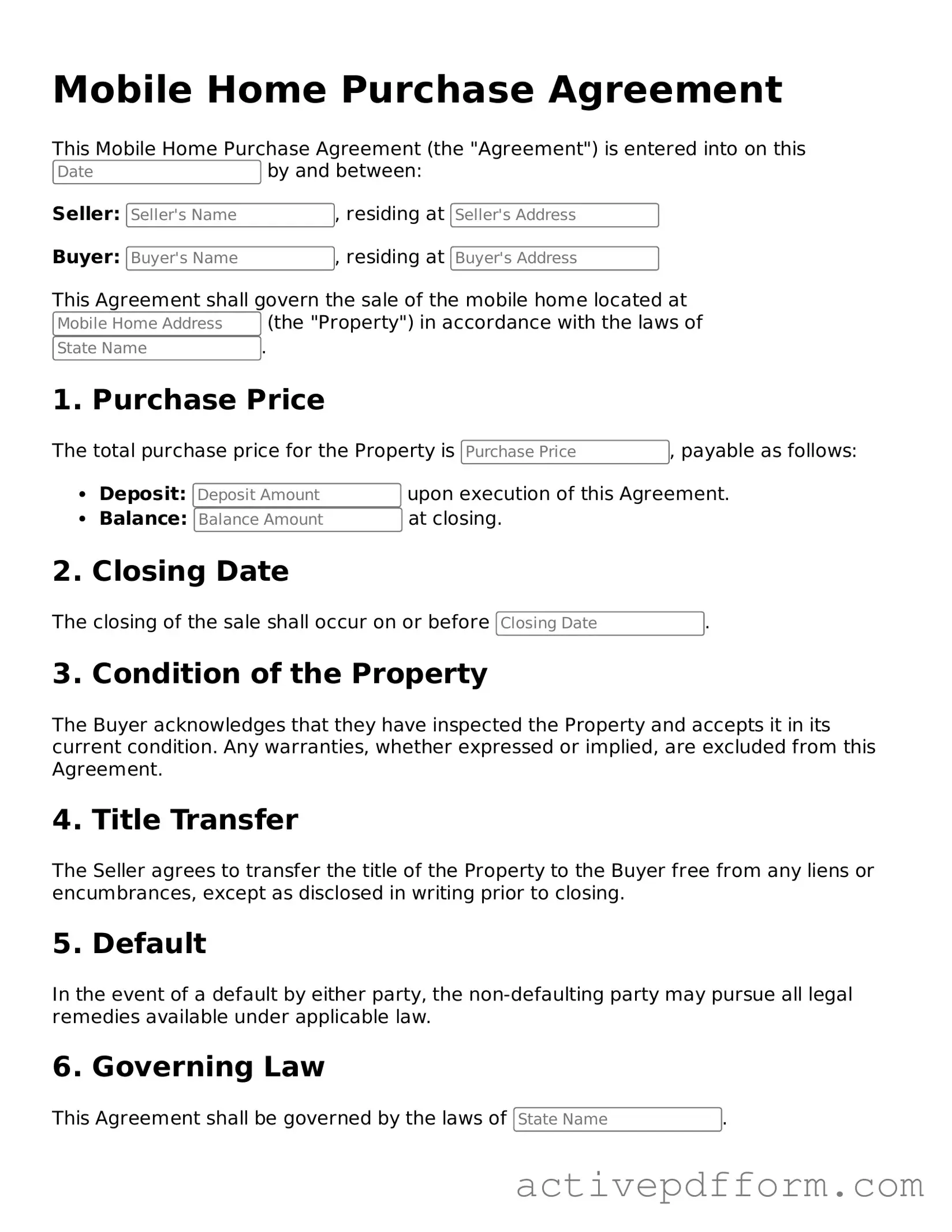 Blank Mobile Home Purchase Agreement Document