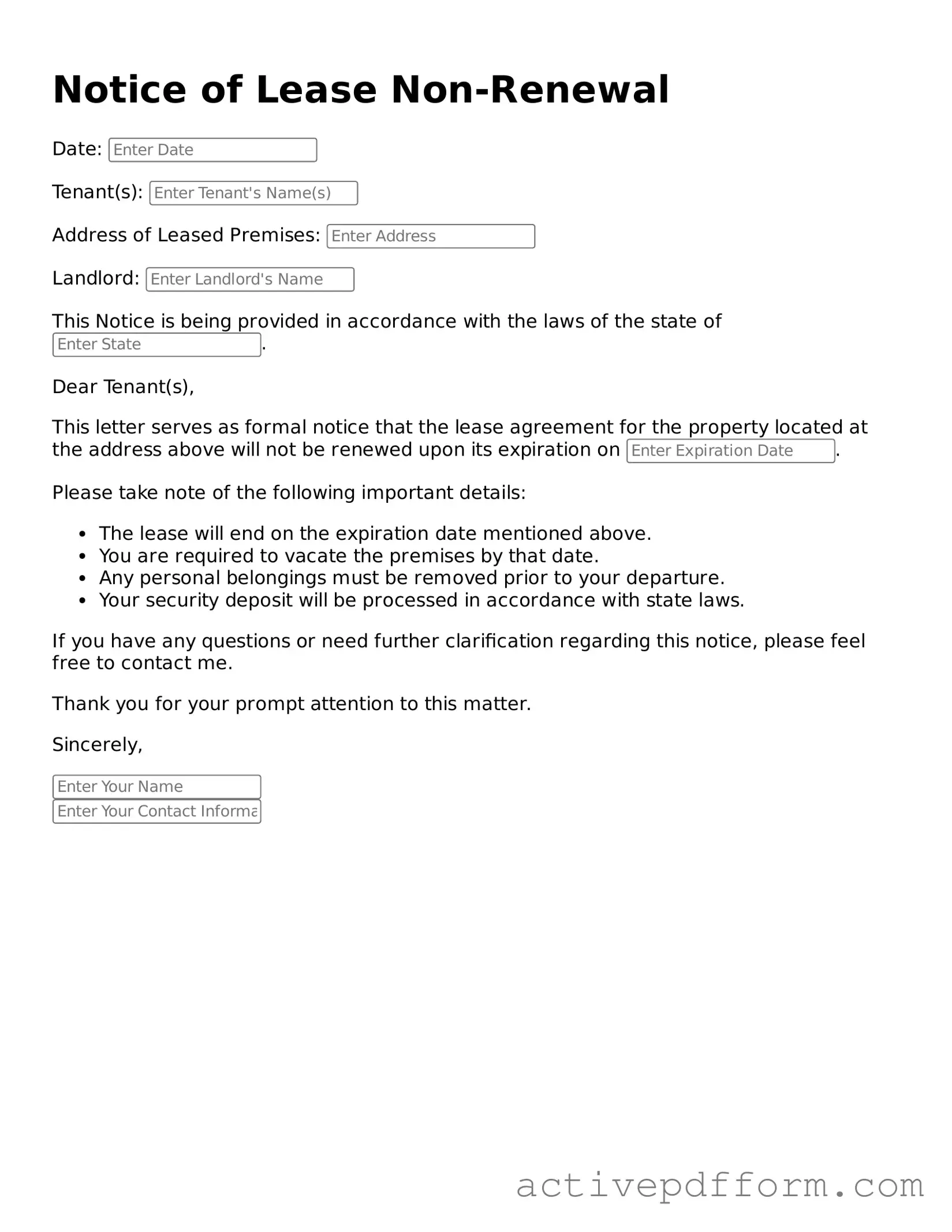 Blank Notice of Lease Non-Renewal Document