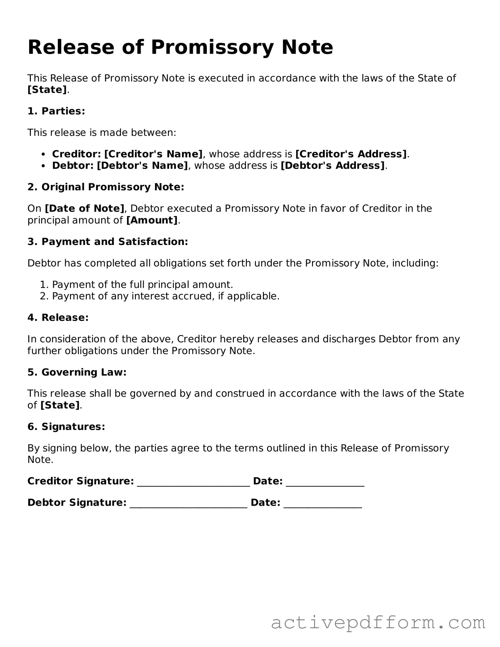 Blank Release of Promissory Note Document