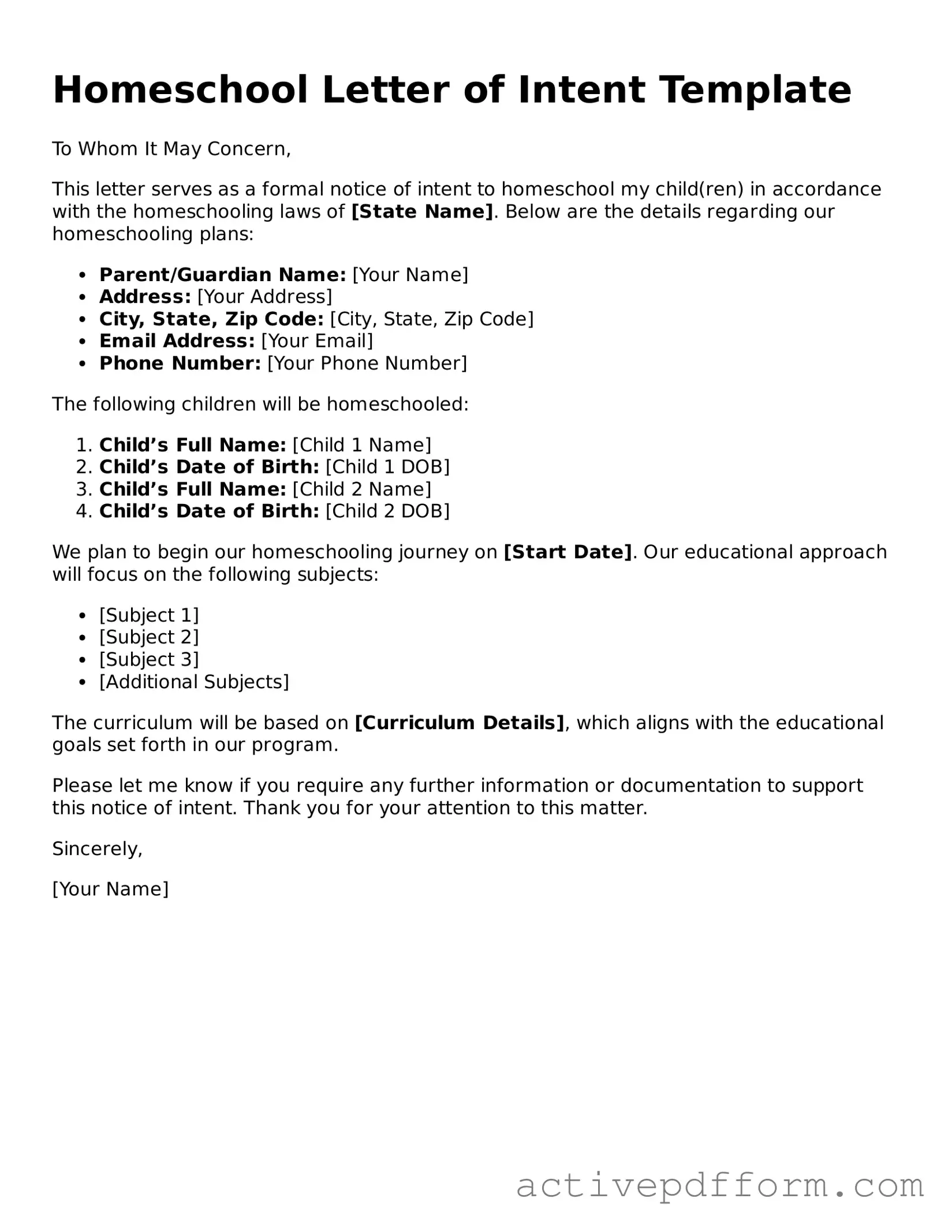 Blank Homeschool Letter of Intent Document