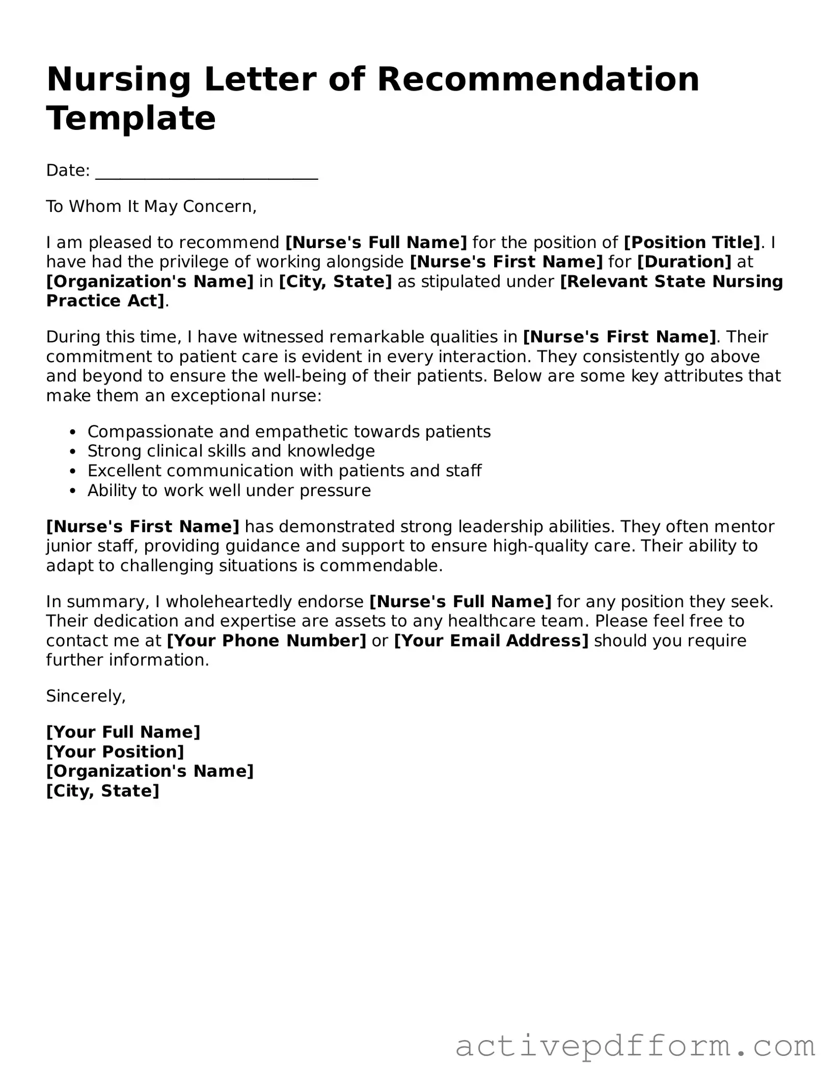 Blank Nursing Letter of Recommendation Document