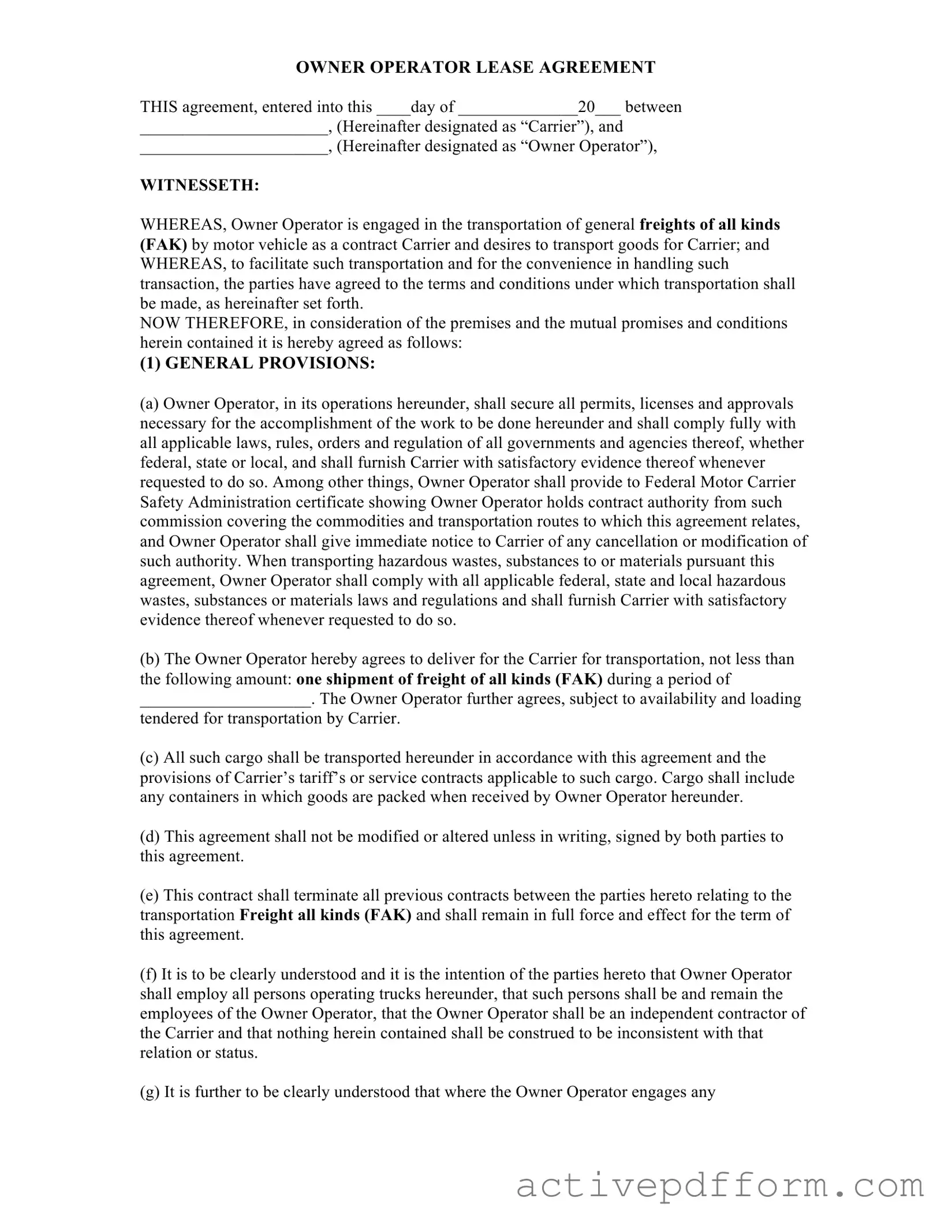 Free Owner Operator Lease Agreement Template