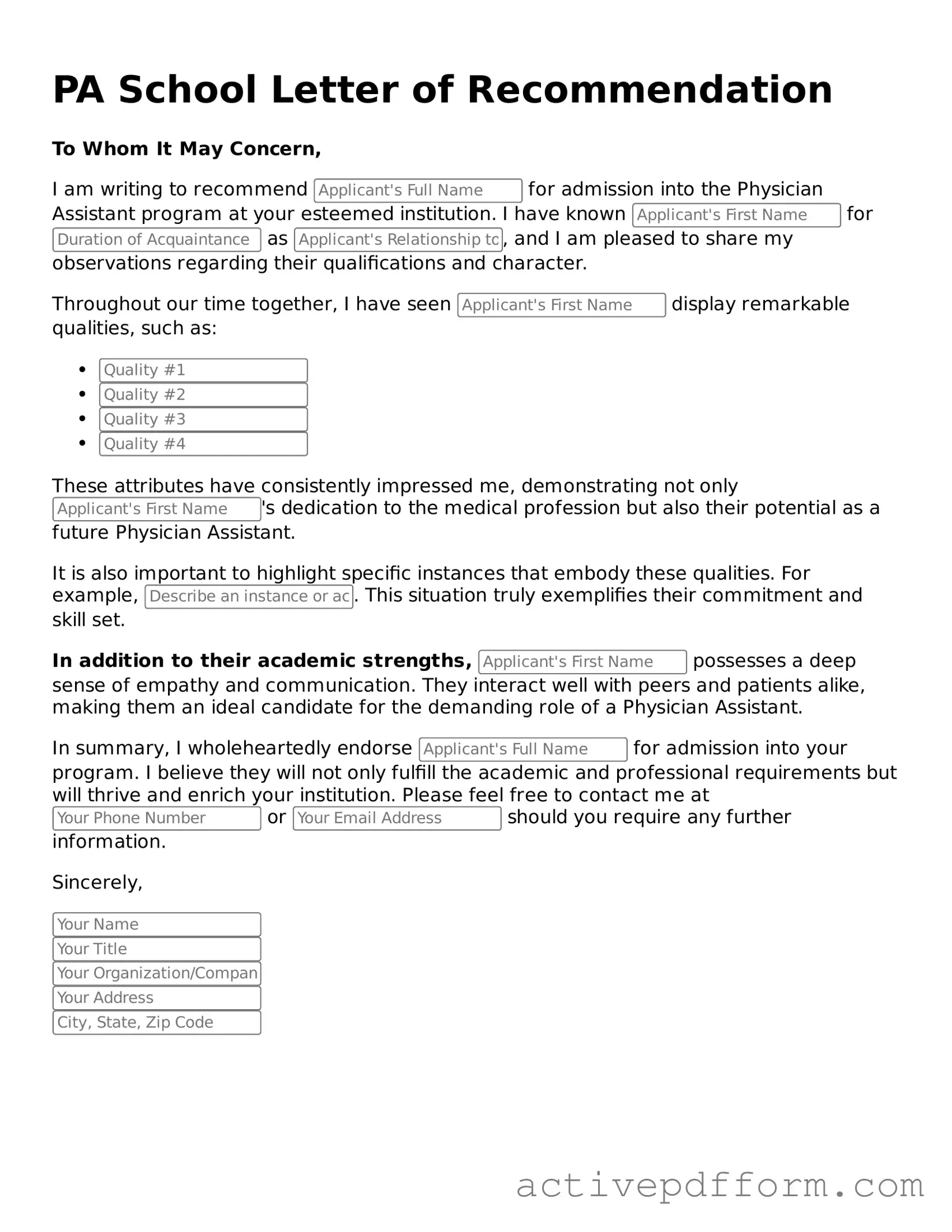 Blank PA School Letter of Recommendation Document
