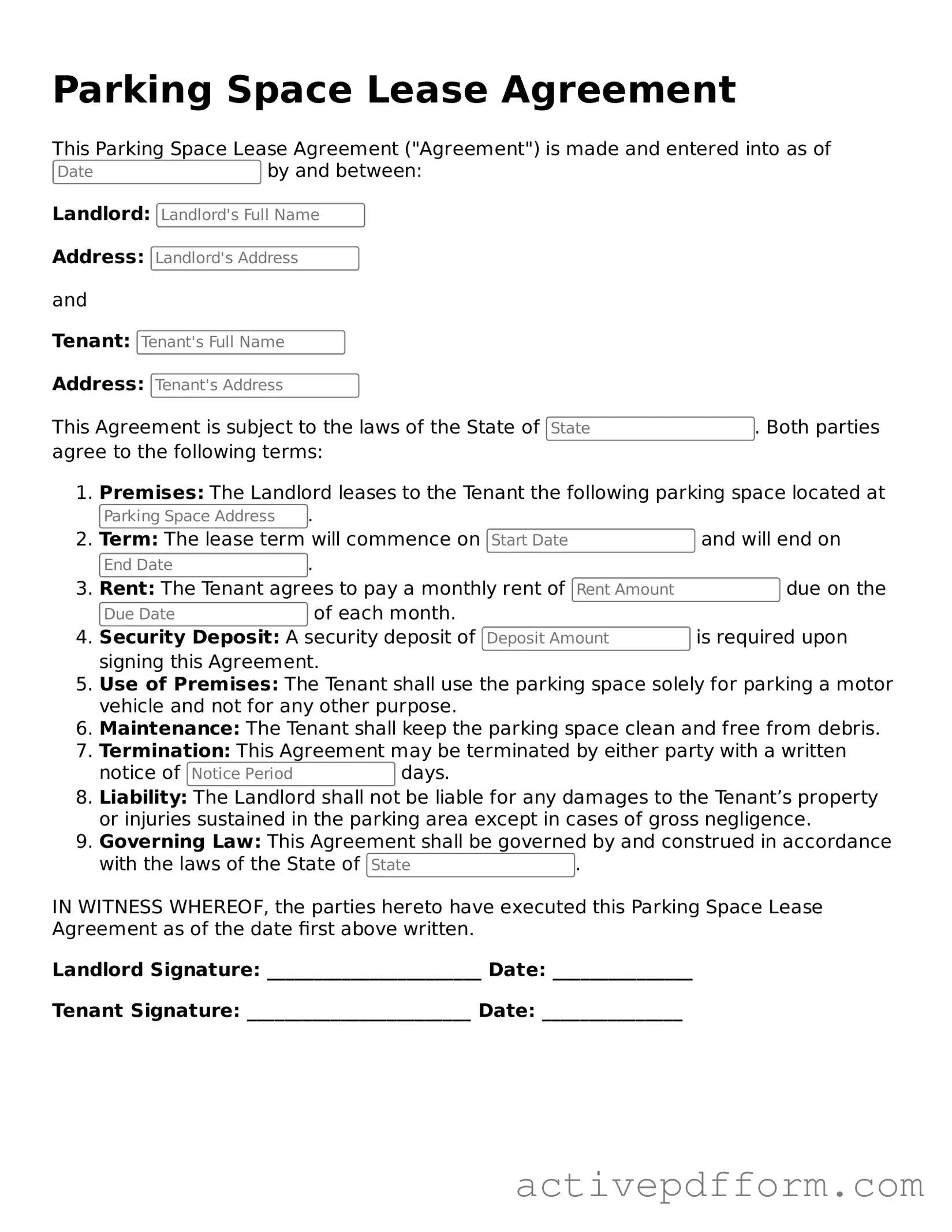 Blank Parking Space Lease Agreement Document