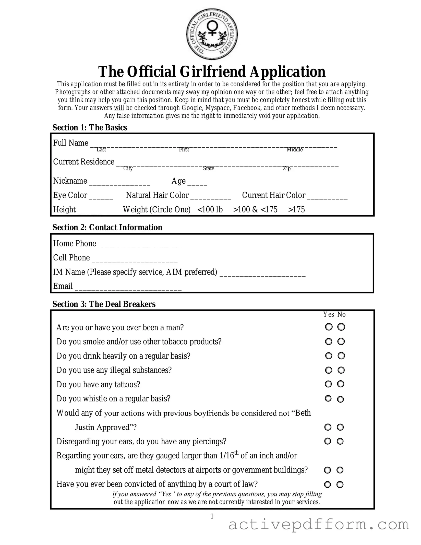 Free Girlfriend Application Template