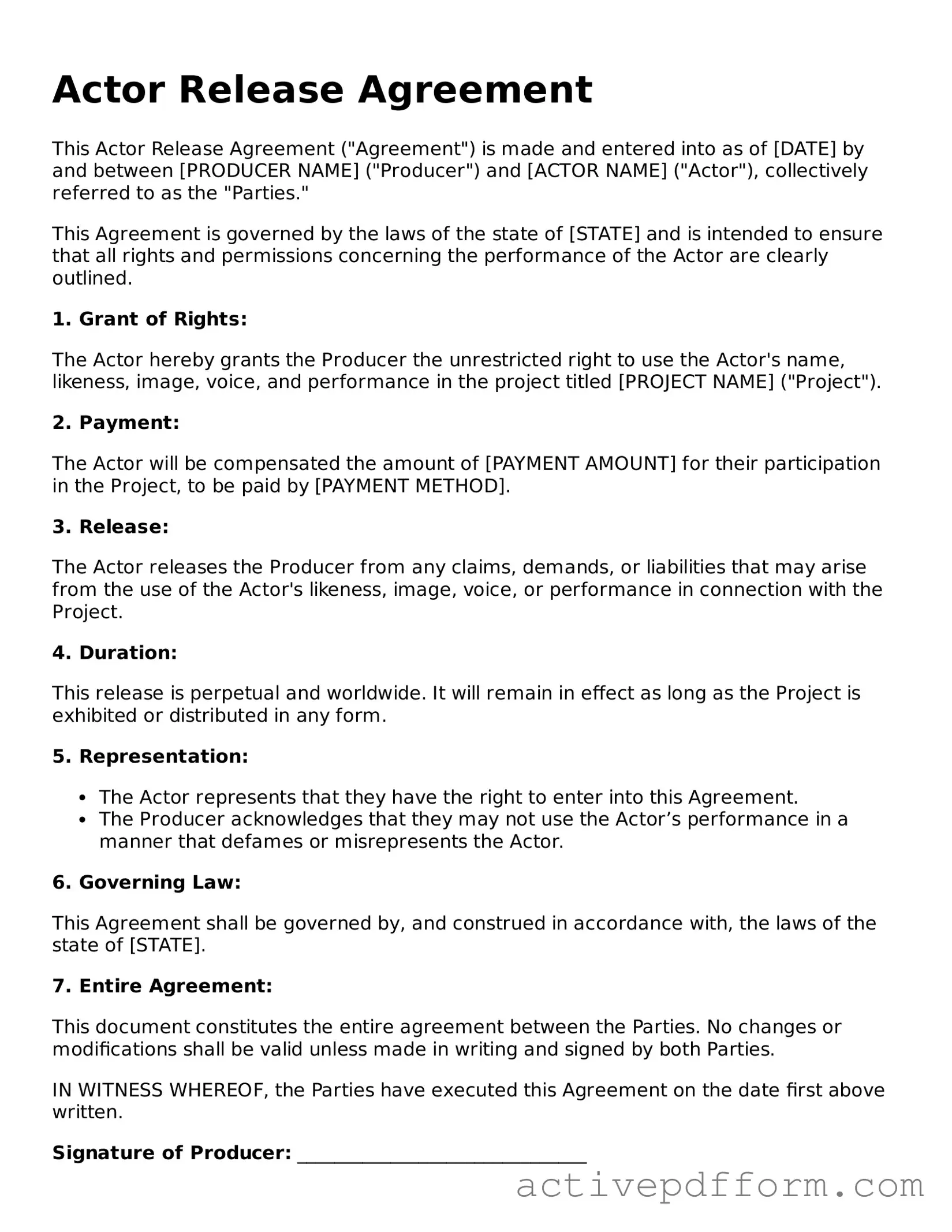 Blank Actor Release Document