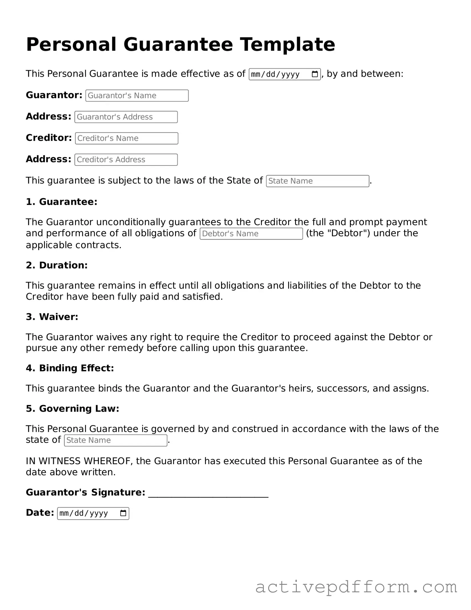 Blank Personal Guarantee Document