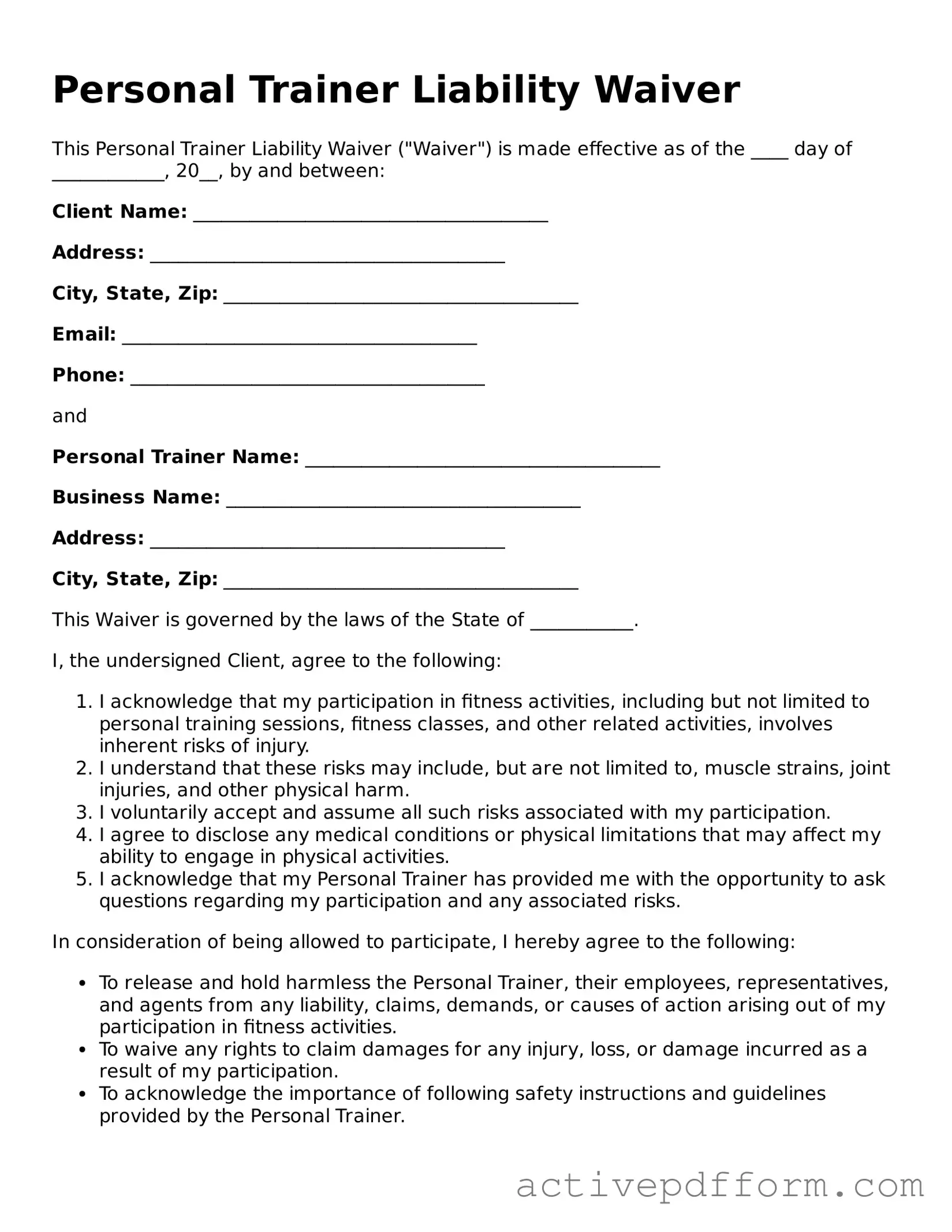 Blank Personal Trainer Liability Waiver Document