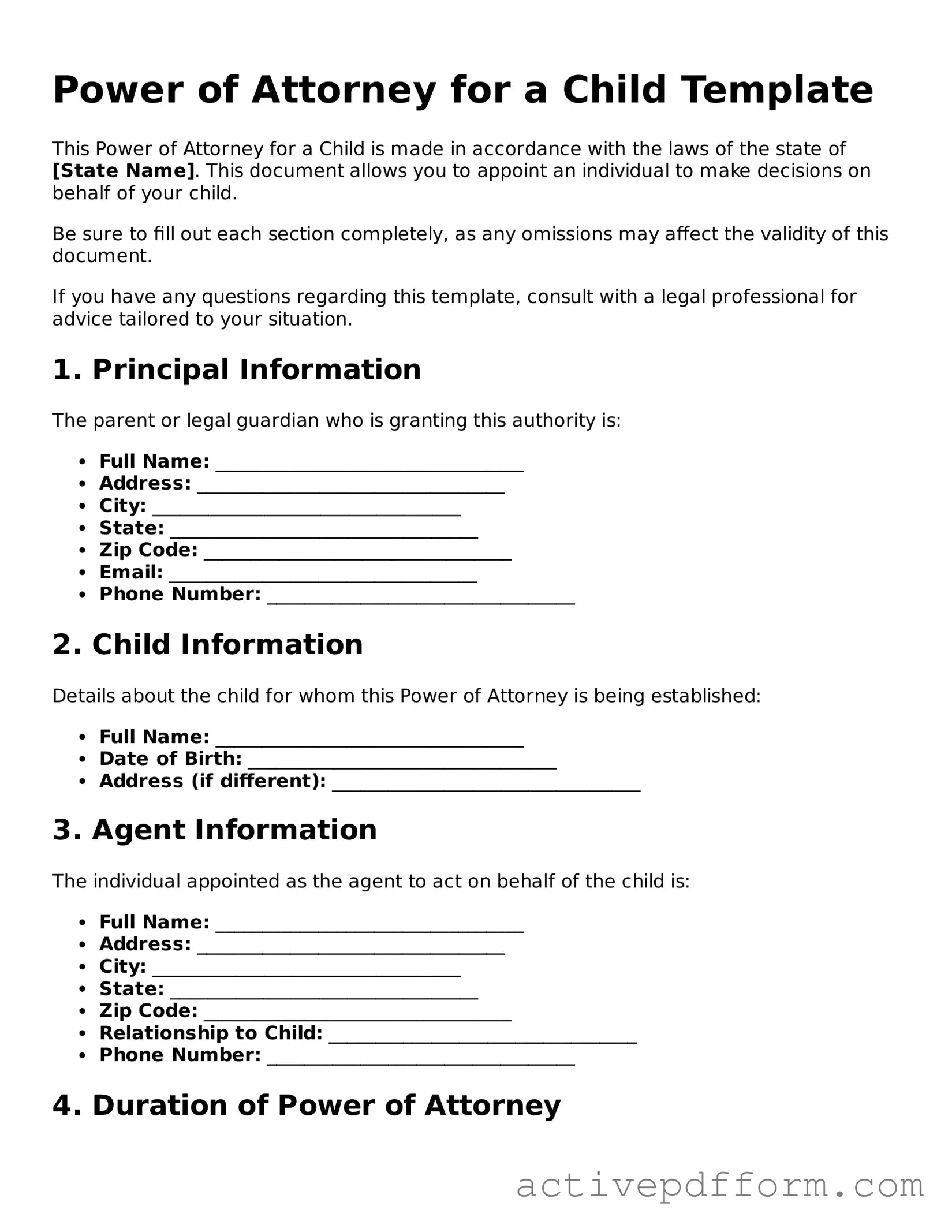 Blank Power of Attorney for a Child Document