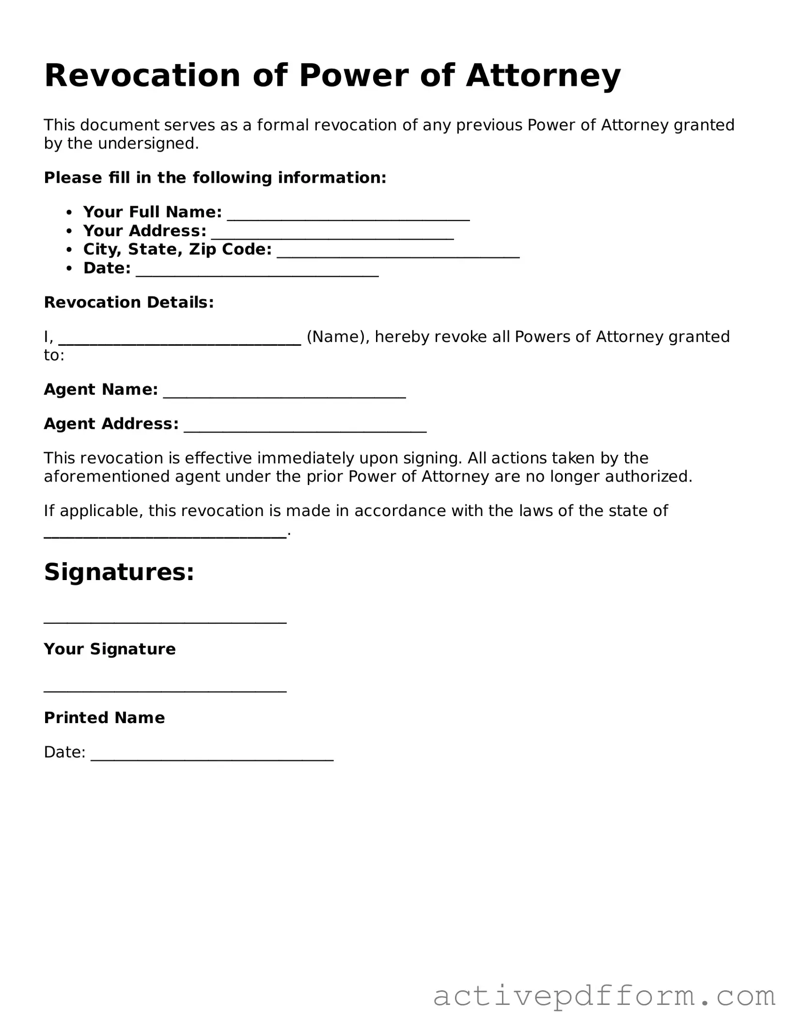 Blank Revocation of Power of Attorney Document