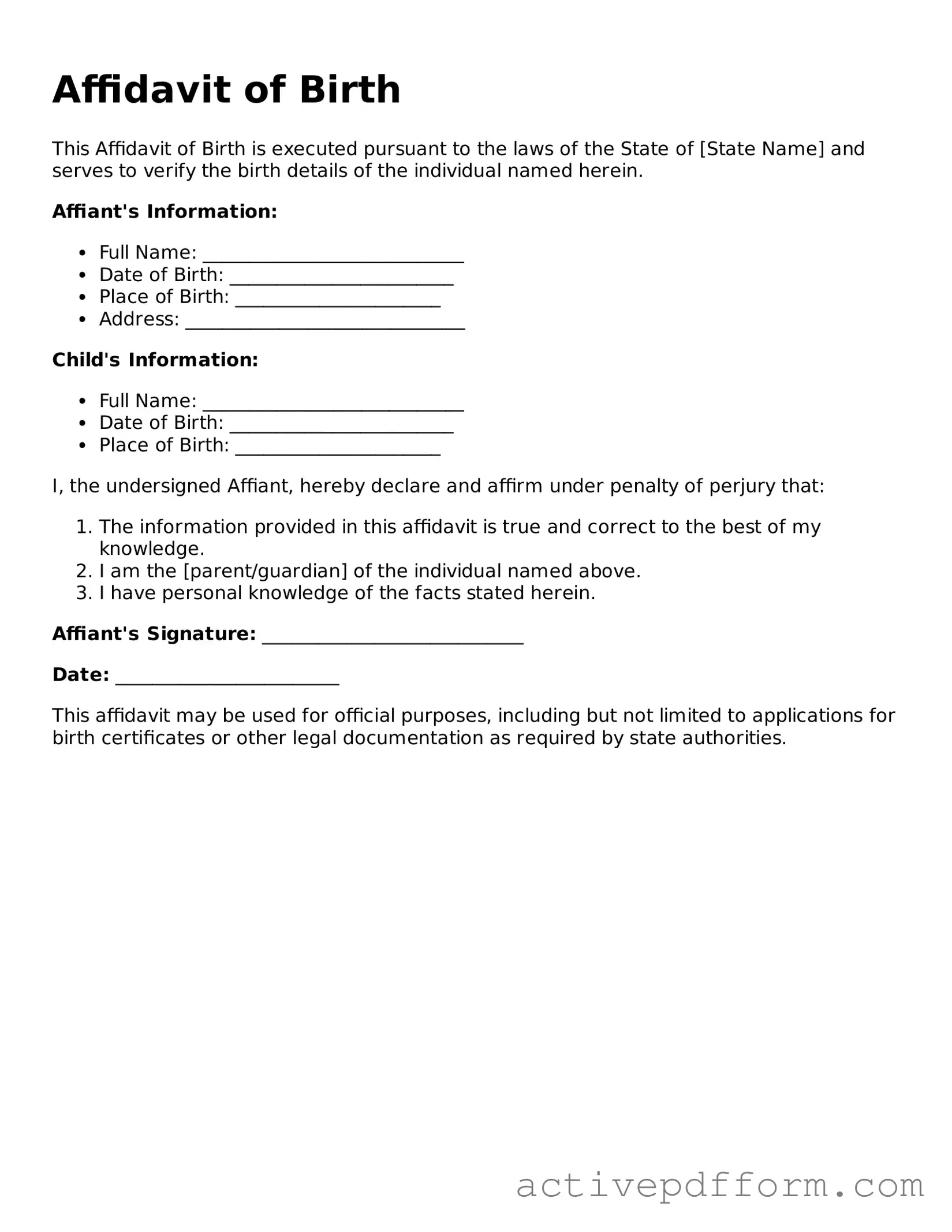 Blank Affidavit of Birth Document