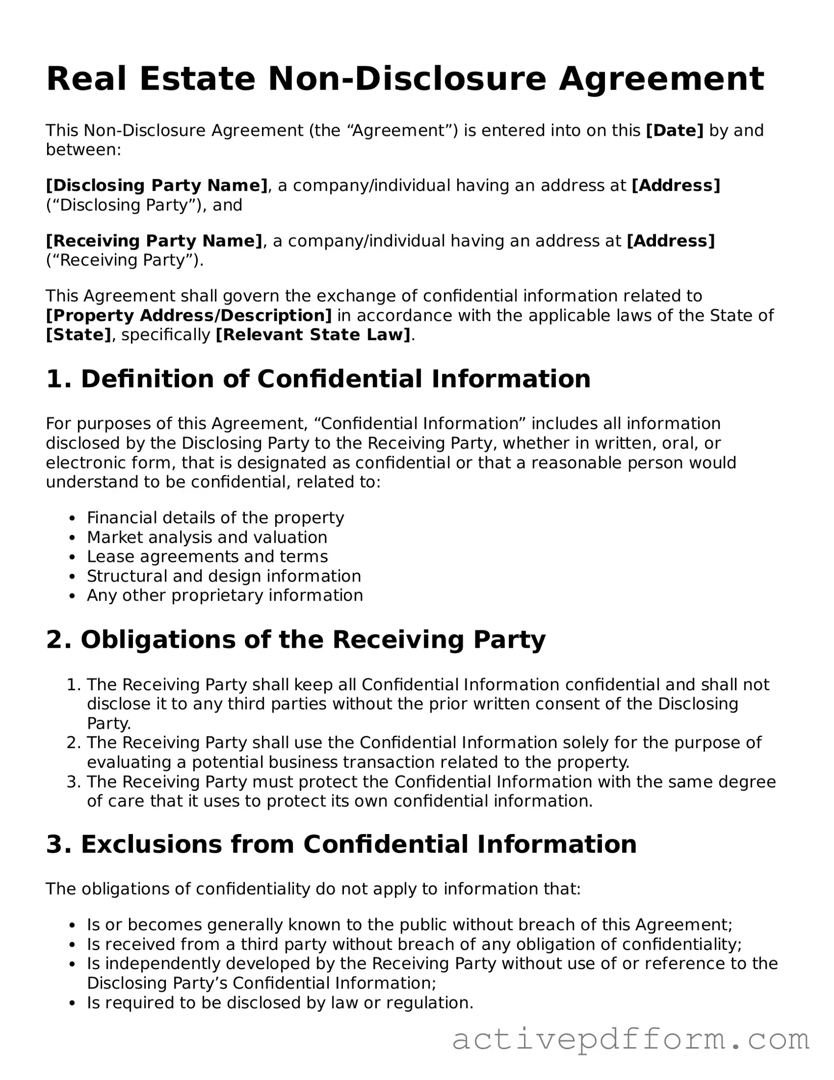 Blank Real Estate Non-Disclosure Agreement Document