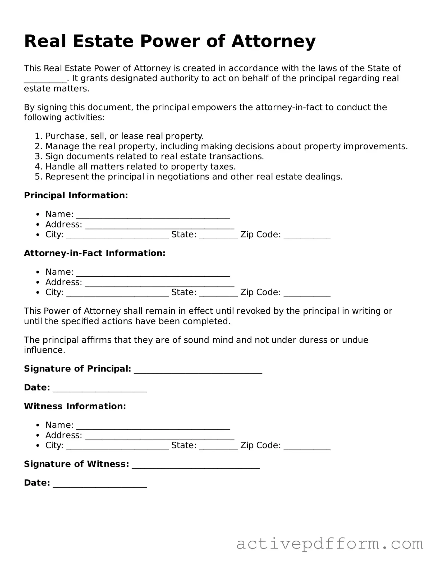 Blank Real Estate Power of Attorney Document