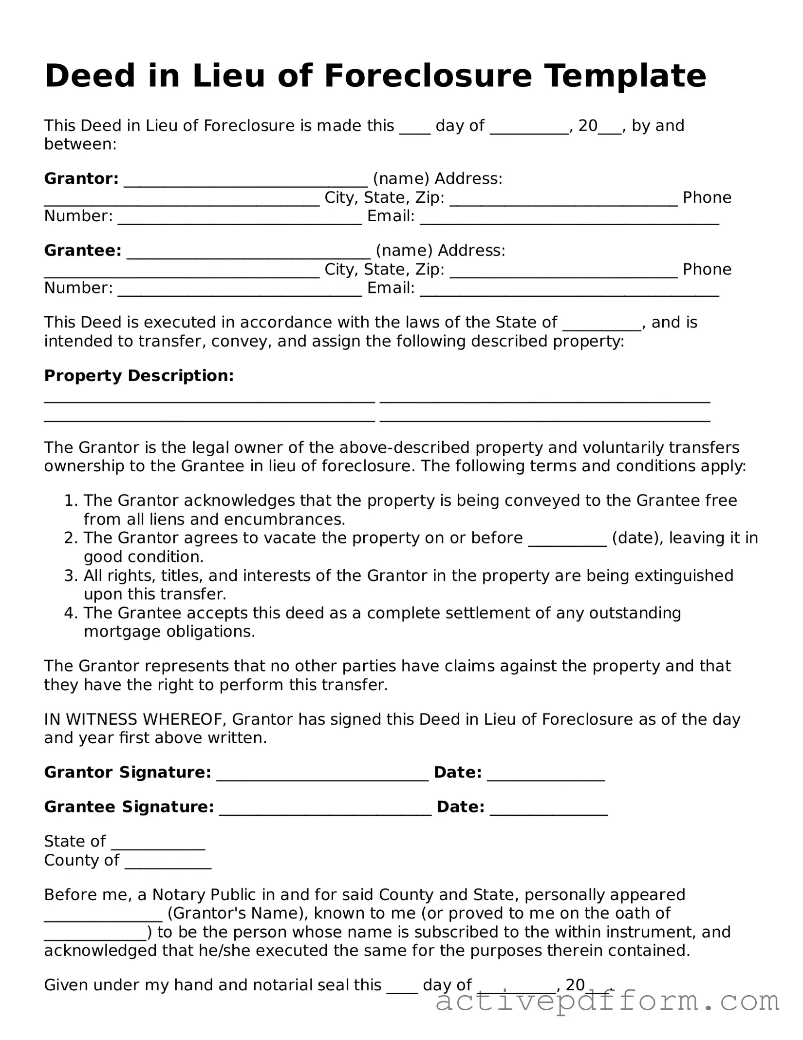 Blank Deed in Lieu of Foreclosure Document