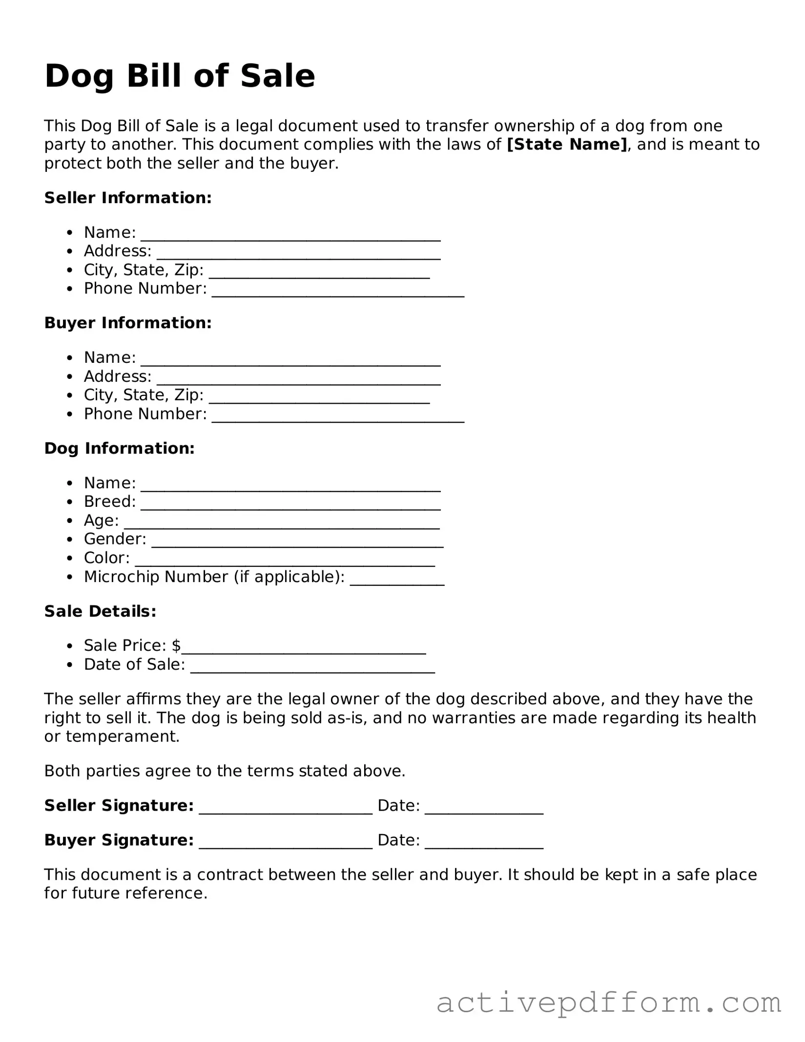 Blank Dog Bill of Sale Document