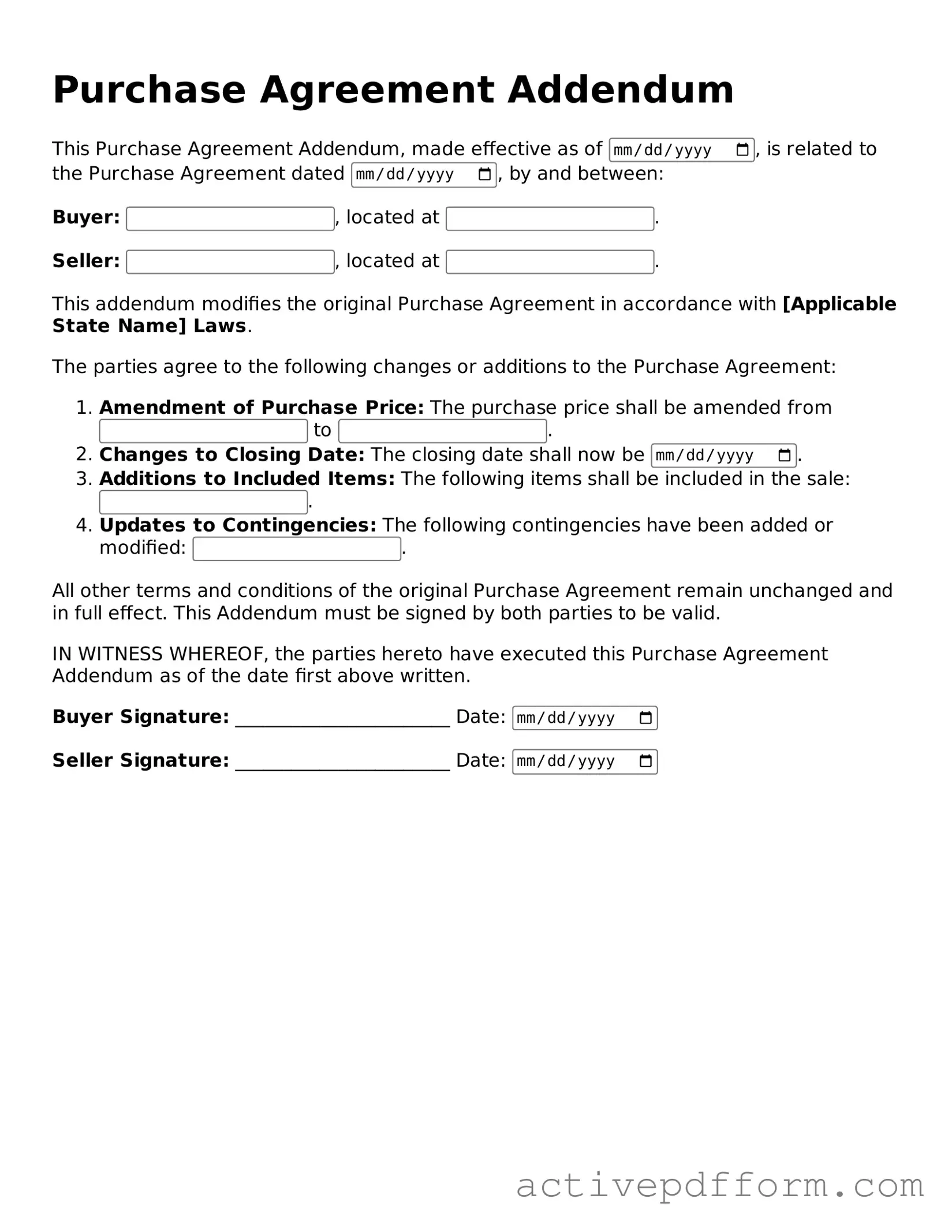 Blank Purchase Agreement Addendum Document
