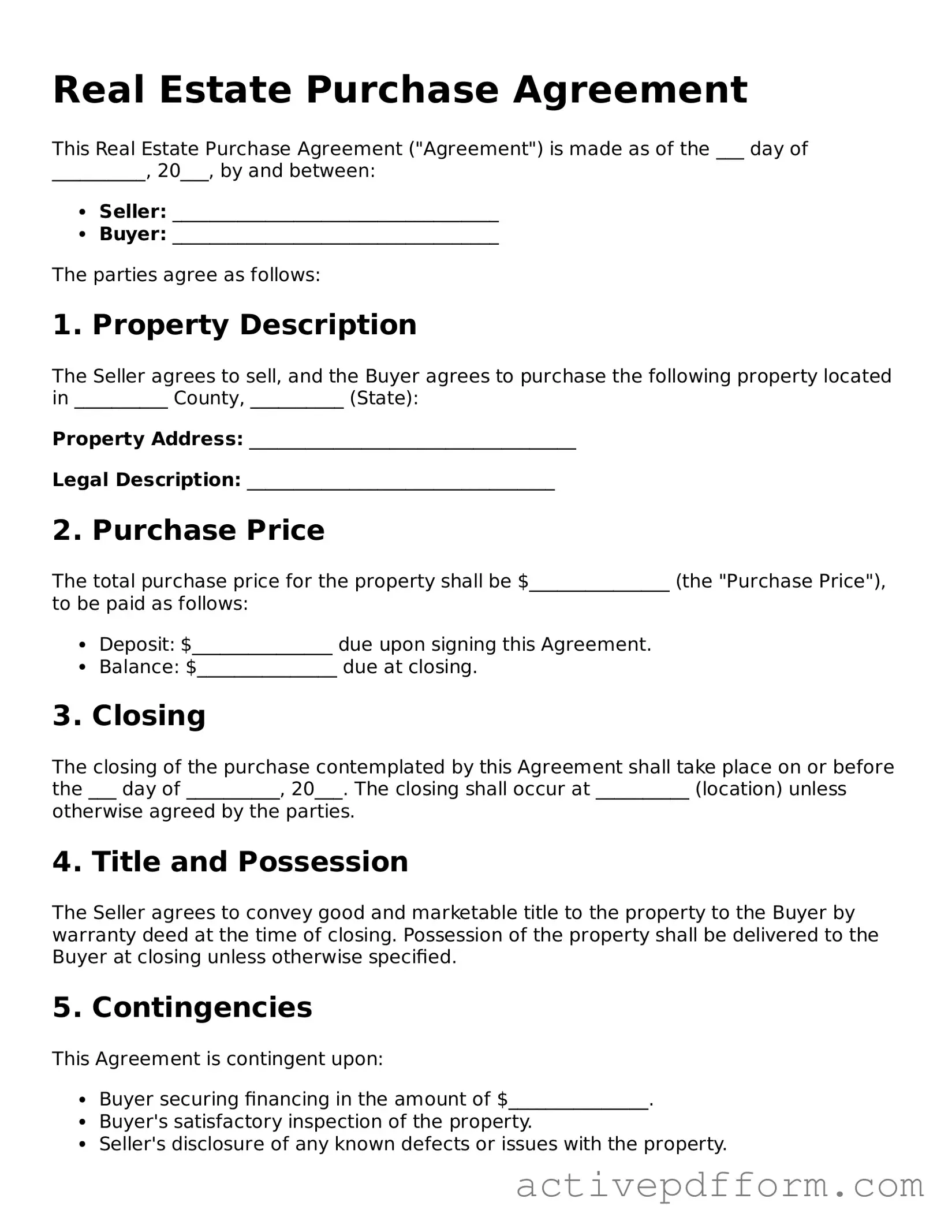 Blank Real Estate Purchase Agreement Document