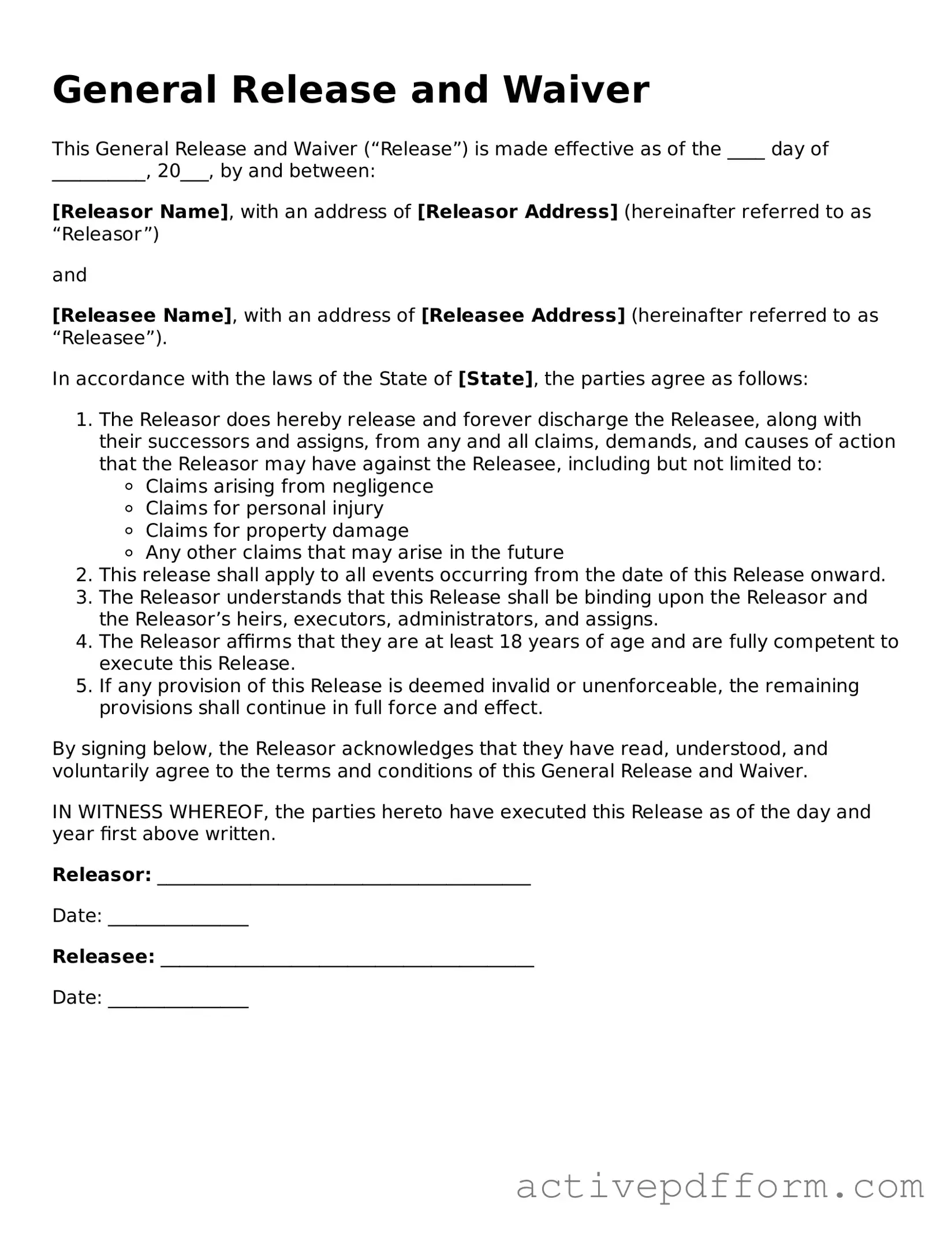 Blank General Release and Waiver Document