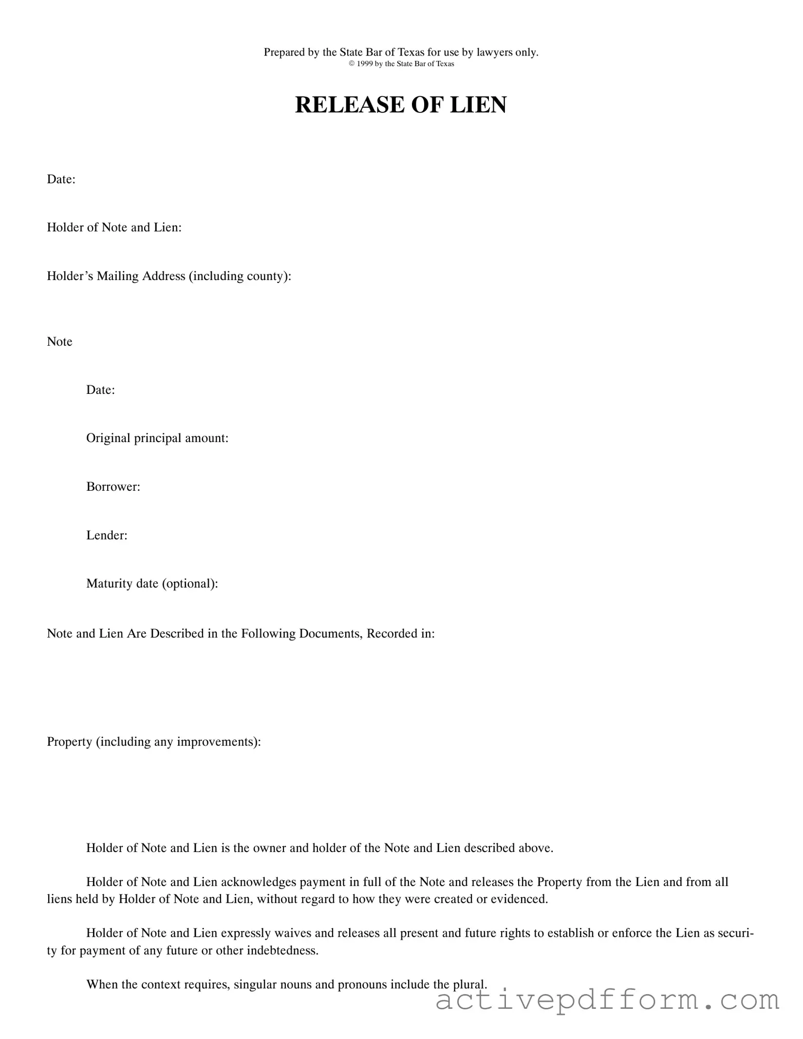Free Release Of Lien Texas Template