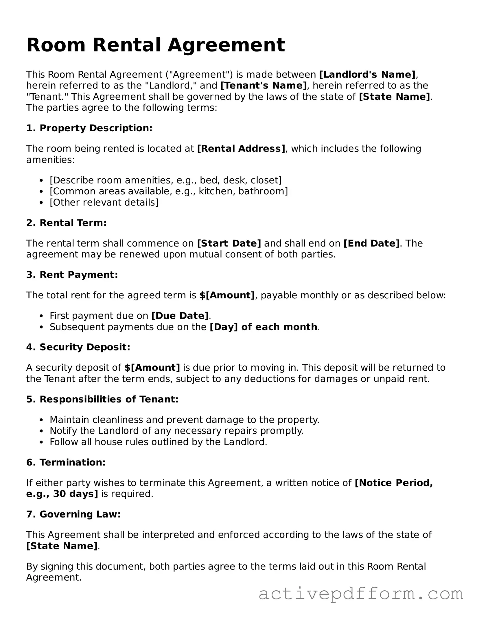 Blank Room Rental Agreement Document
