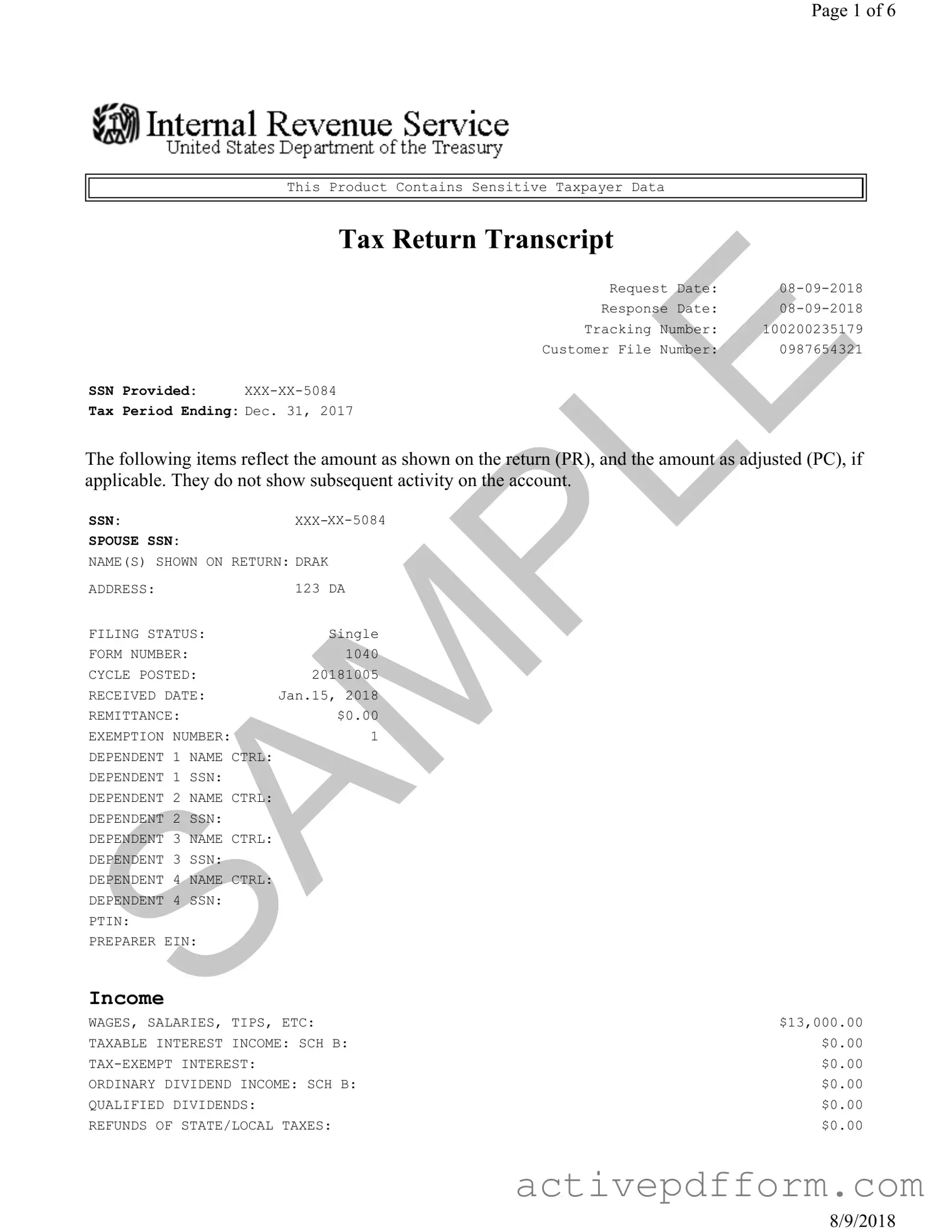 Free Sample Tax Return Transcript Template