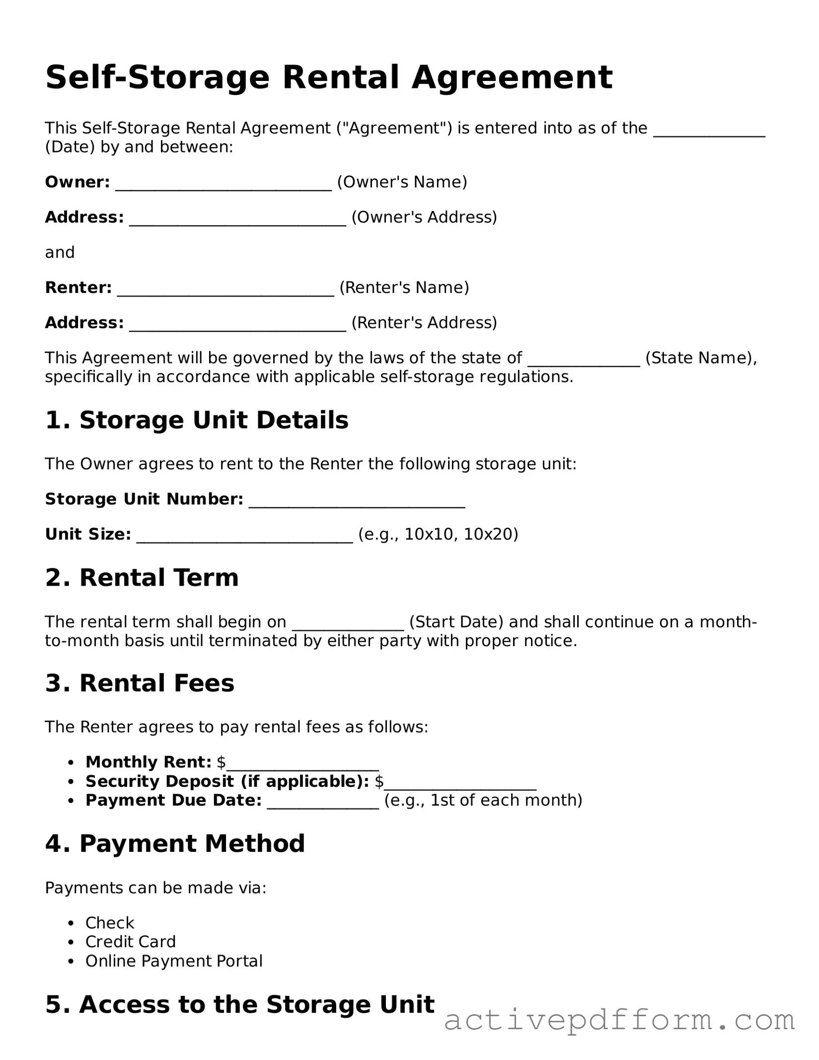 Blank Self-Storage Rental Agreement Document