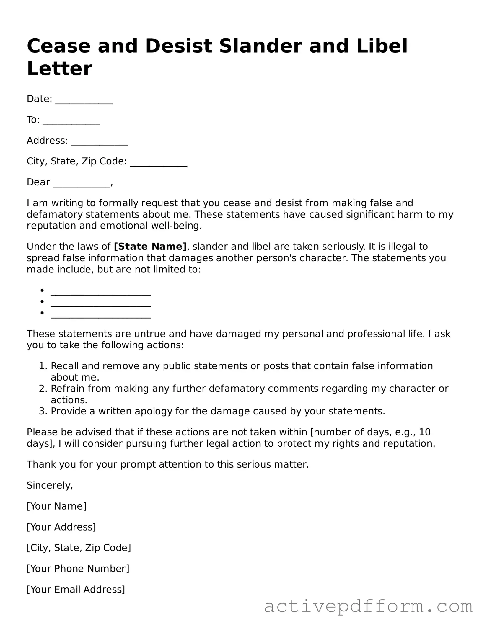 Blank Cease and Desist Slander and Libel Letter Document