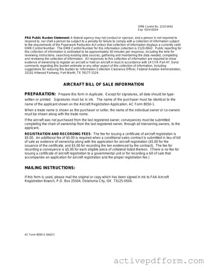 Free Aircraft Bill of Sale AC 8050-2 Template