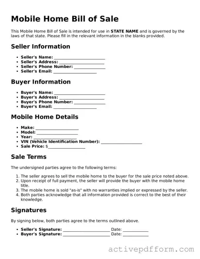 Blank Mobile Home Bill of Sale Document