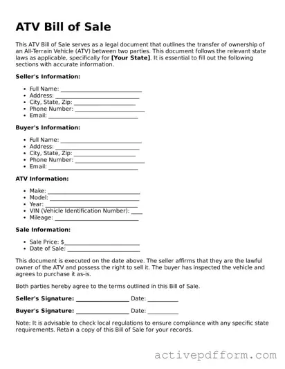 Blank ATV Bill of Sale Document