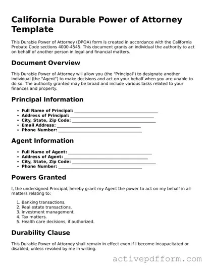 Blank California Durable Power of Attorney Document