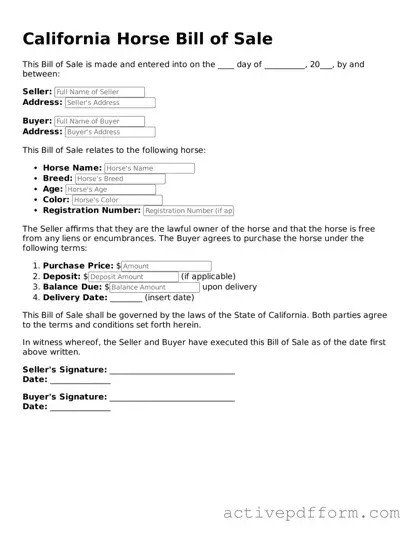 Blank California Horse Bill of Sale Document