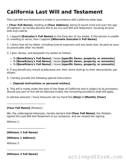 Blank California Last Will and Testament Document