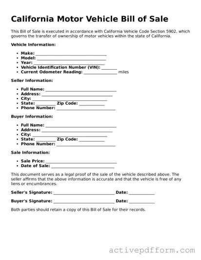 Blank California Motor Vehicle Bill of Sale Document