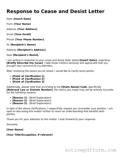 Blank Response to a Cease and Desist Letter Document