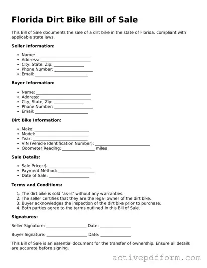 Blank Florida Dirt Bike Bill of Sale Document