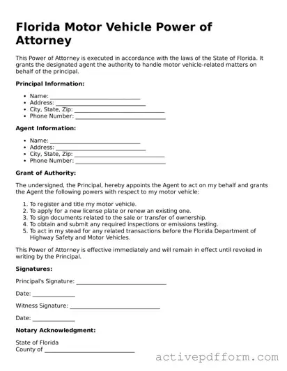 Blank Florida Motor Vehicle Power of Attorney Document