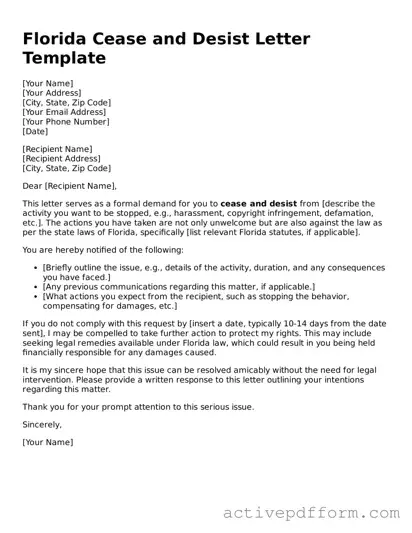 Blank Florida Cease and Desist Letter Document