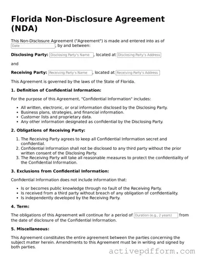 Blank Florida Non-disclosure Agreement Document