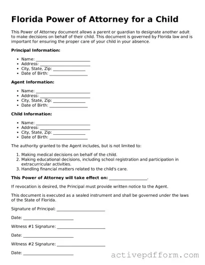 Blank Florida Power of Attorney for a Child Document