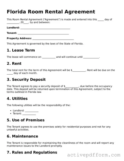 Blank Florida Room Rental Agreement Document