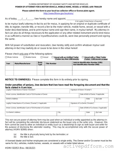 Free Florida Vehicle POA form 82053 Template