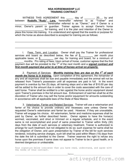 Free Horse Training Contract Template