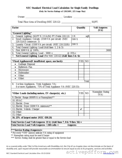 Free LADBS NEC Standard Electrical Load Calculation Template